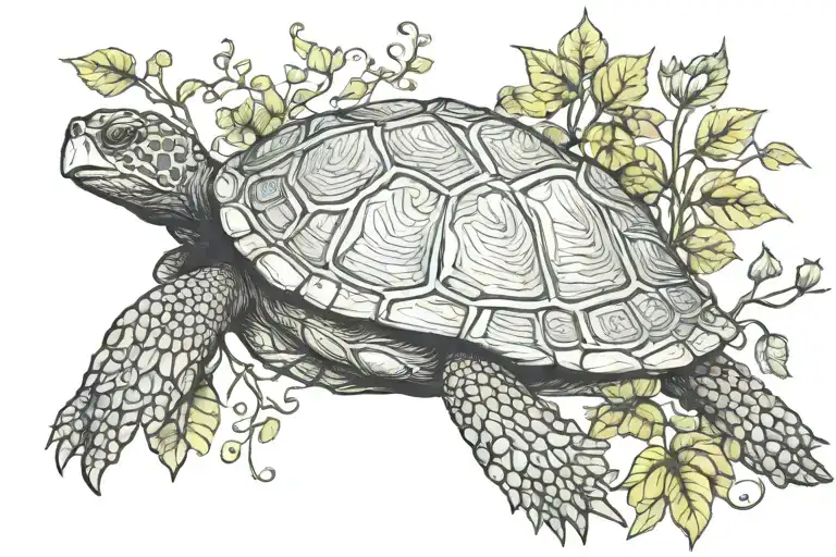 An Engineer's Blueprint Of A Turtle Surrounded By Delicate Vines