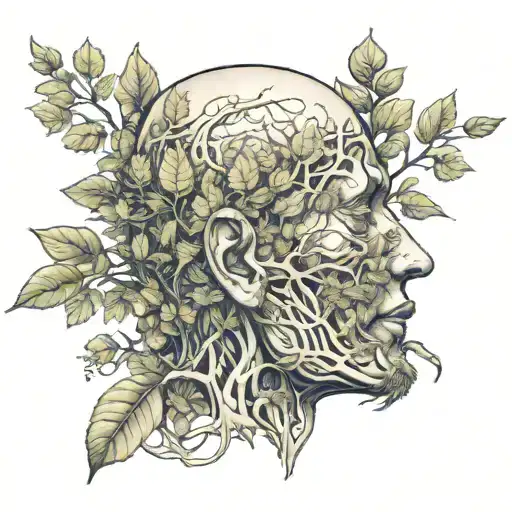 A Peaceful Meditating Head Emerging From Plants Intertwined