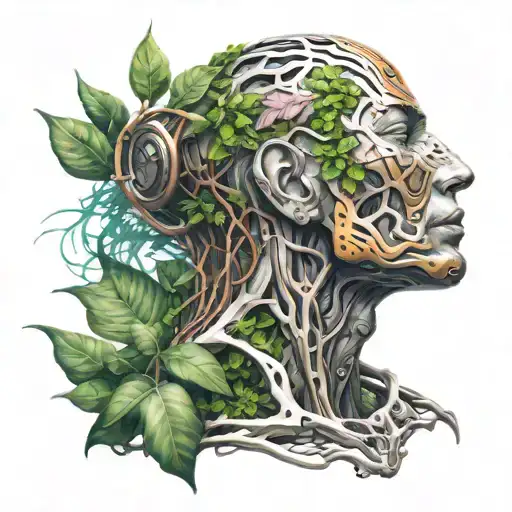 A Peaceful Meditating Cyborg Emerging From Plants Intertwined