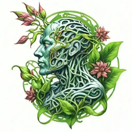 A Peaceful Meditating Cyborg Emerging From Organic Green Blades Intertwined