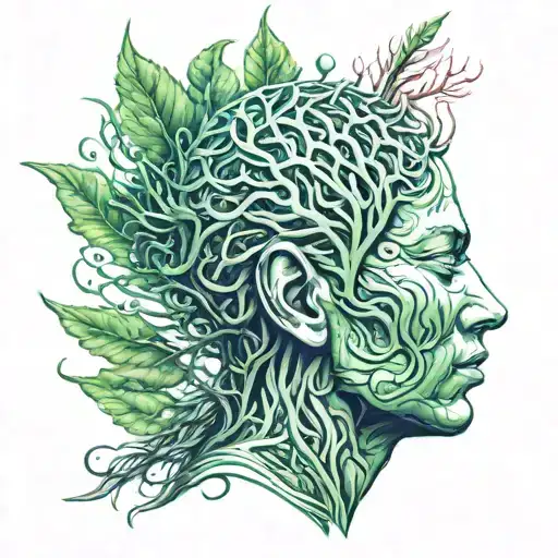 A Peaceful Meditating Head Emerging From Organic Green Blades Complex