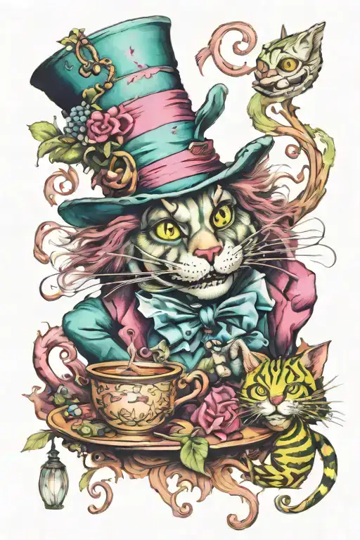 Mad Hatter With Cheshire Cat Sitting Tattoo