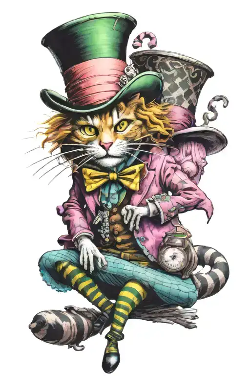 Mad Hatter With Cheshire Cat Sitting Tattoo