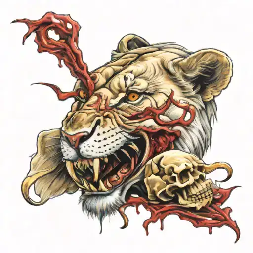 Female Lion Eating A Bloody Skull