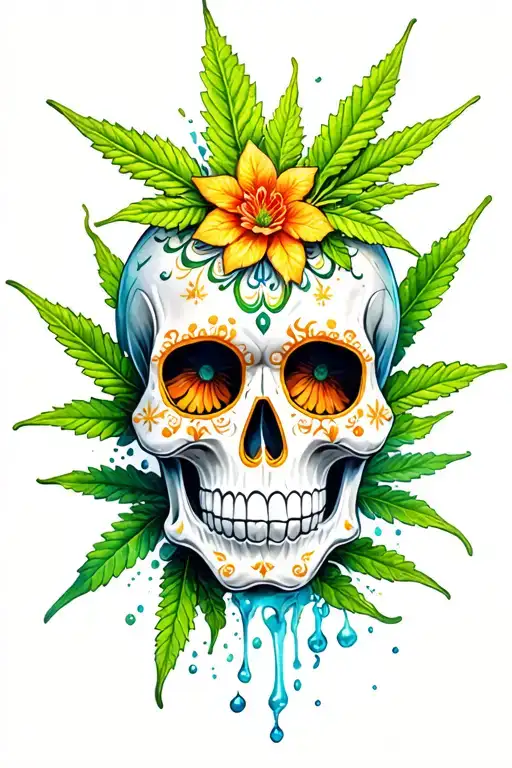 Sugar Skull Marijuana Themed Tattoo Water Color