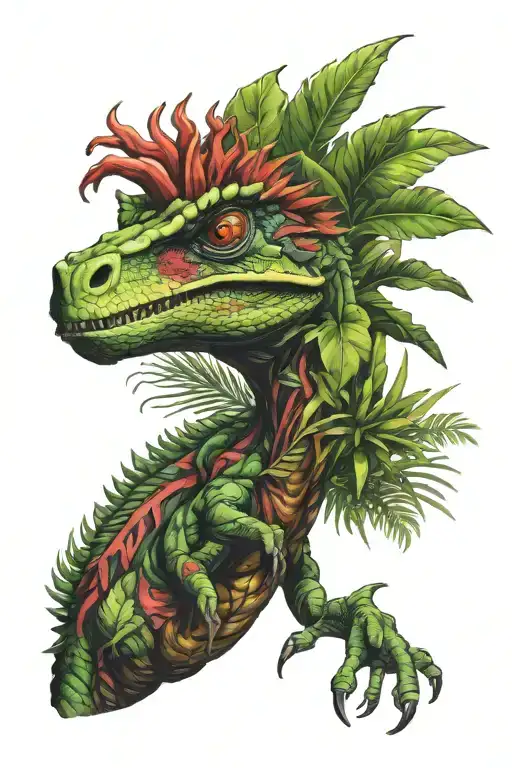 Dilophosaurus Bursting Thro Tropical Plants Intertwined
