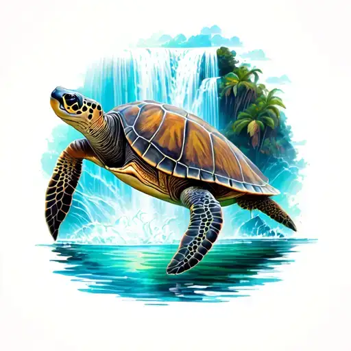 Sea Turtle And Waterfalls Flowing