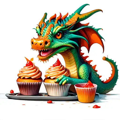 A Playful Tattoo Of A Dragon Playfully Baking Cupcakes In A Tiny Kitchen