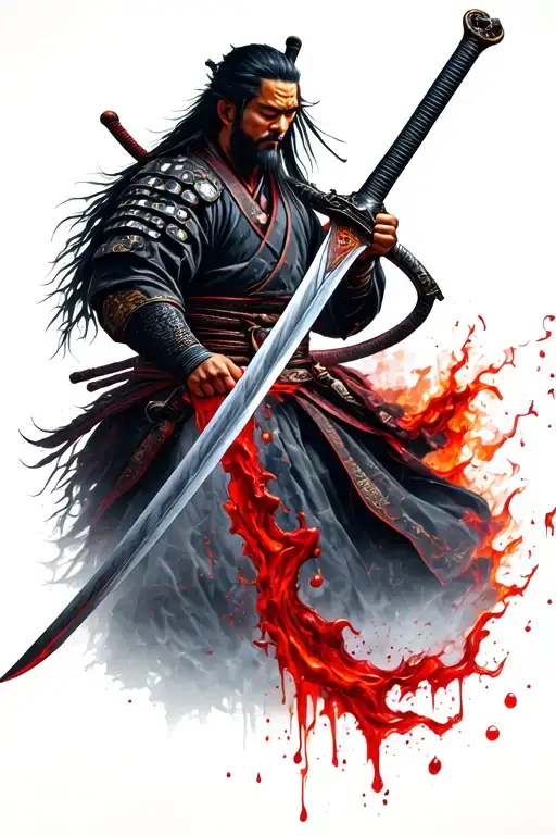 Samurai Holds A Sword And Blood Evaporates From The Sword