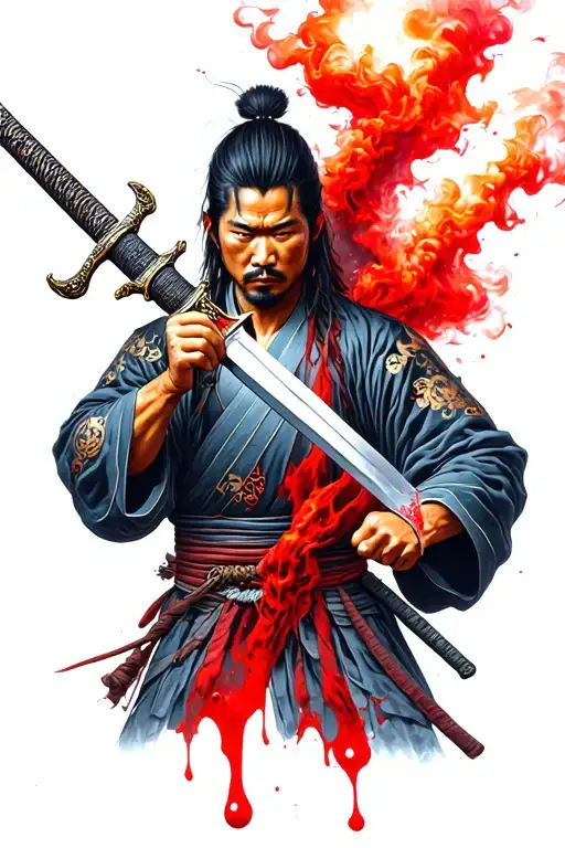 Samurai Holds A Sword And Blood Evaporates From The Sword