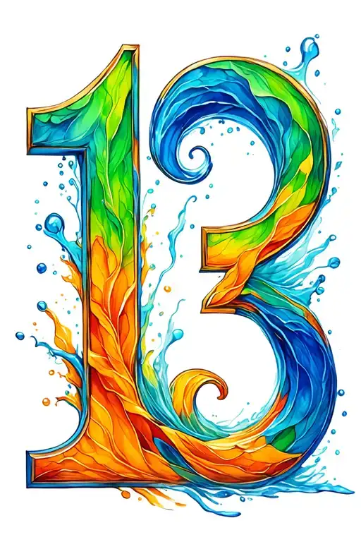 Thin Line Water Color Green Blue Orange Number 13