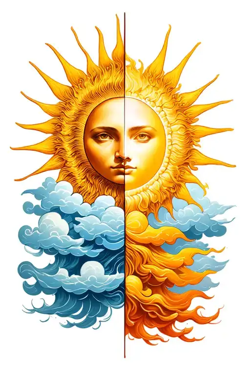 One Half Is A Sun With Rays Only And The Other Half Is Clouds Only