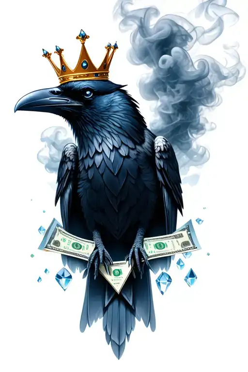 Raven With Smoke Surrounding It With A Crown And Crystals With Money