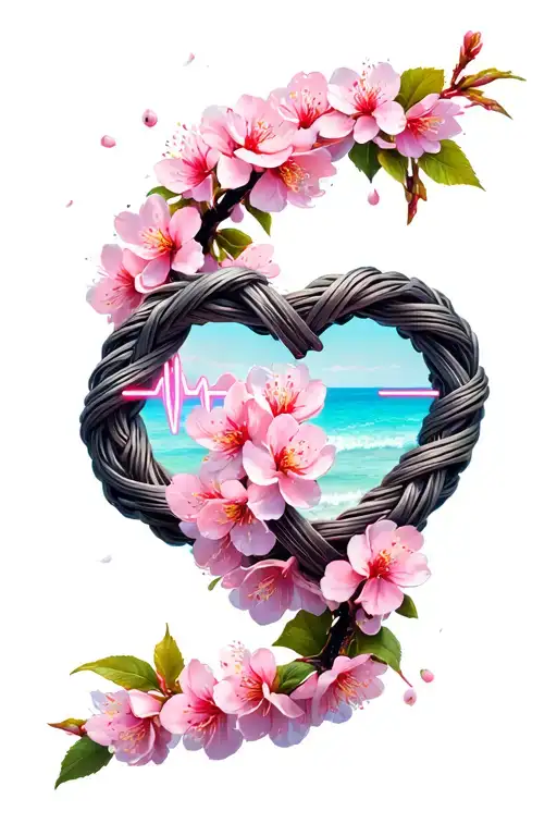 Cherry Blossom Beaches Wrapped Around Forearm With Woven Infinity Sign With Heart Beat