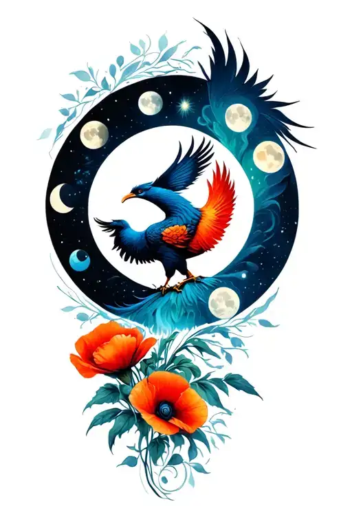 All Moon Phases Around A Phoenix With A Poppy Flower