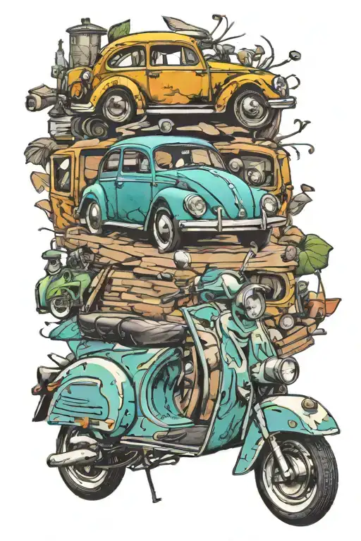 Vw Beetle Type 1 And Px Vespa Scooter