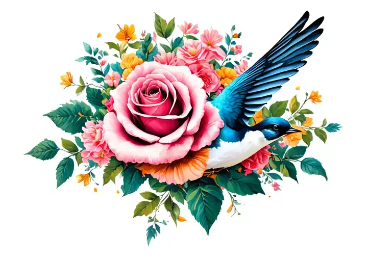 Swallow And Flowers Rose With A Swallow
