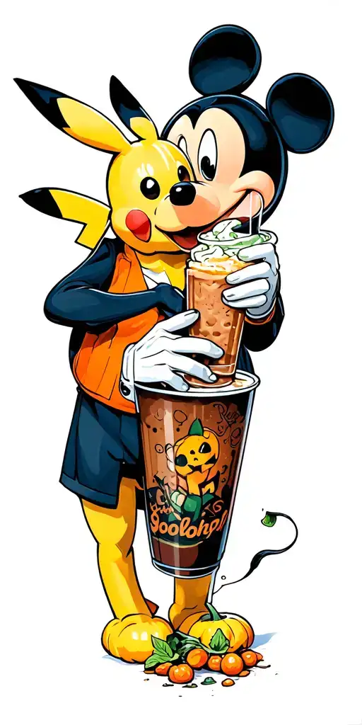 Mickey Mouse And Pikachu Drinking Boba During Halloween