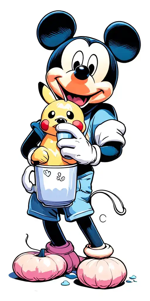 Mickey Mouse With Pikachu Plushie Drinking Boba During Halloween