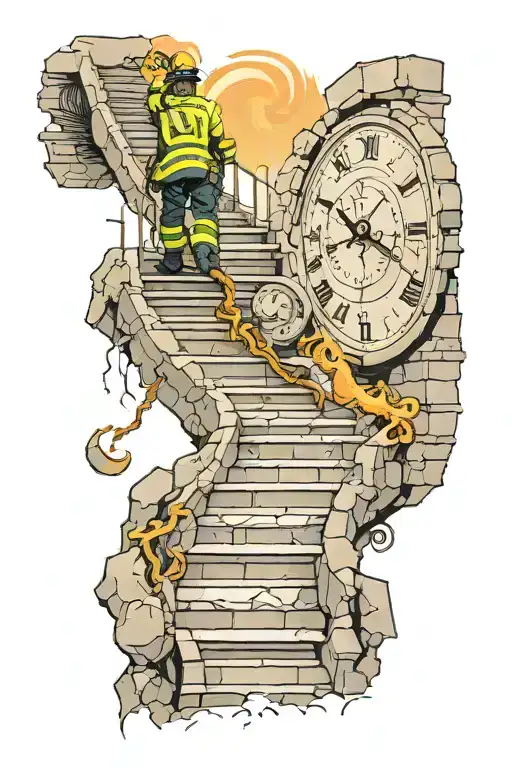 Firefighter Climbing Winding Broken Stairs That Lead To A Broken Clock