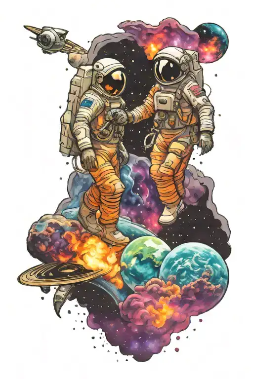 Galaxies With Two Astronauts Holding Hands