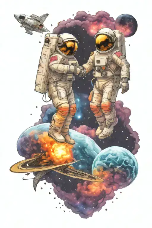 Galaxies With Two Astronauts Holding Hands