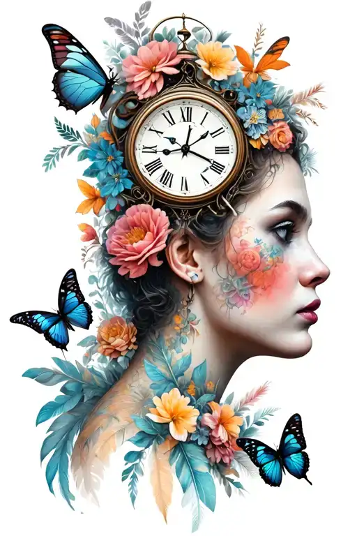 Resilient Woman With Clock Butterflies Flowers Feathers