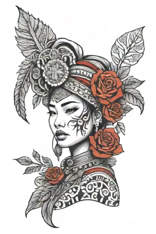 Red Roses Wrapped Beautiful Hmong Girl Face And Headdress And Hmong Symbols In The Background