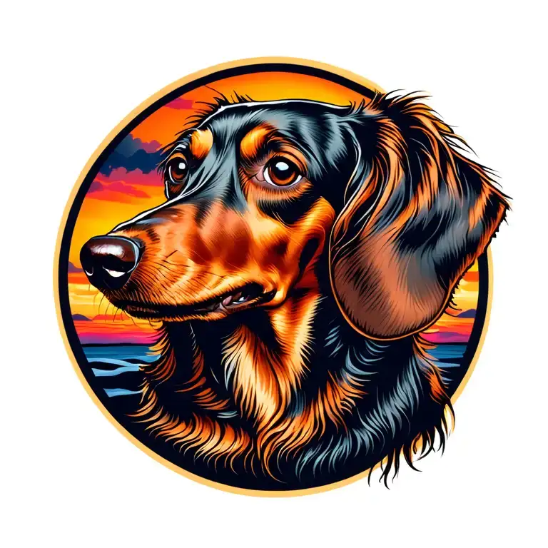 Long Haired Dachshund Outline Filled With Sunset Design