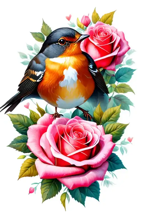 Robin And Roses Intertwined Hearts