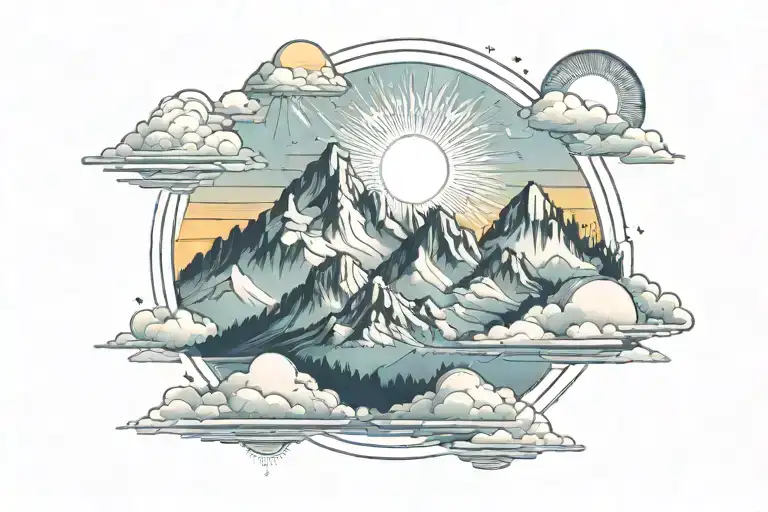 Six Mountain Tops With The Sun In The Background