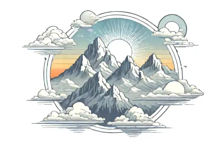 Six Mountain Tops With The Sun In The Background