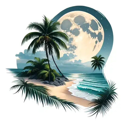 Night Beach Scene With Palm Trees And A Full Moon