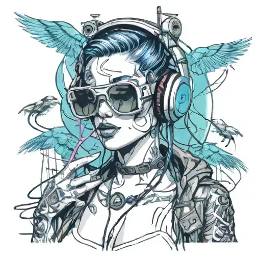 Cyberpunk Woman Tattoos Headphones Rave Music Cables Sexy Sunglasses