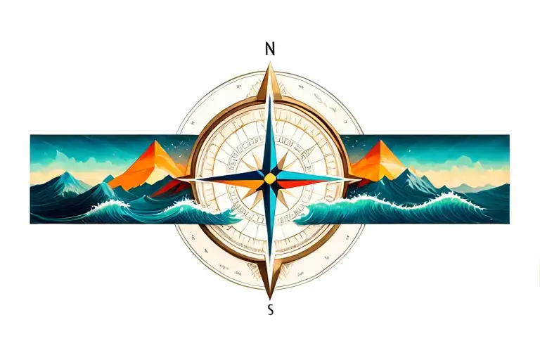 Large Compass With Long North Point Surrounded By Intricate Geometric Moutains And Waves