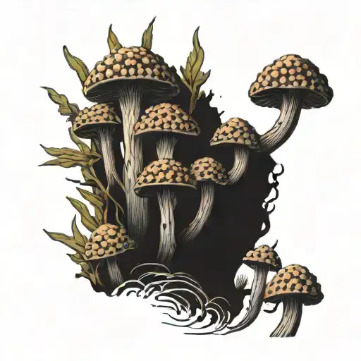 A Realistic Blackwork Tattoo Of A Cluster Of Morel Mushrooms Growing In A Natural Setting