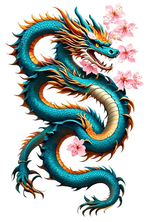 Japanese Dragon Tail Wrapped Around Leg Body On Back Head Over Shoulder Cherry Blossoms