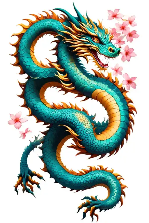 Japanese Dragon Tail Wrapped Around Leg Body On Back Head Over Shoulder Cherry Blossoms