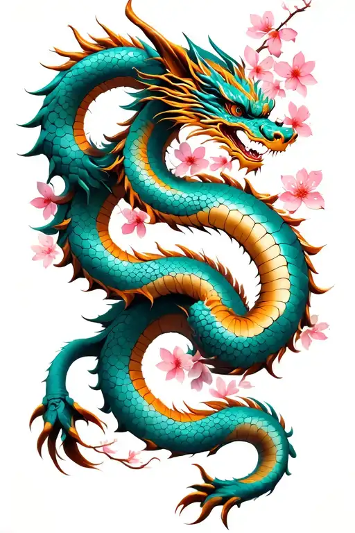 Japanese Dragon Tail Wrapped Around Leg Body On Back Head Over Shoulder Cherry Blossoms