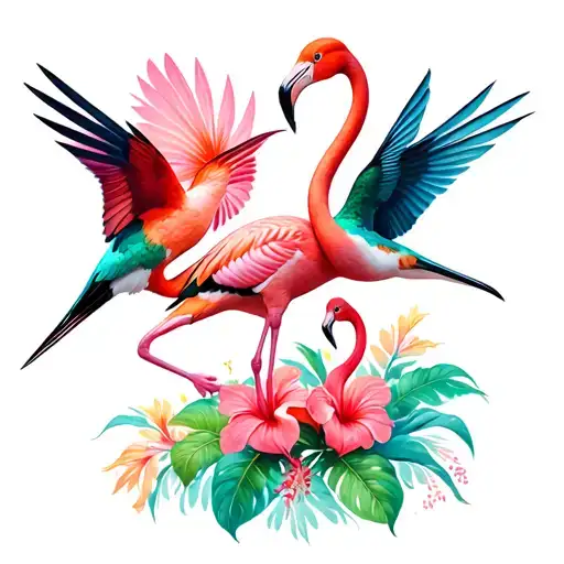 Humming Birds Hibiscus Flowers Mom Flamingo Baby Flamingo