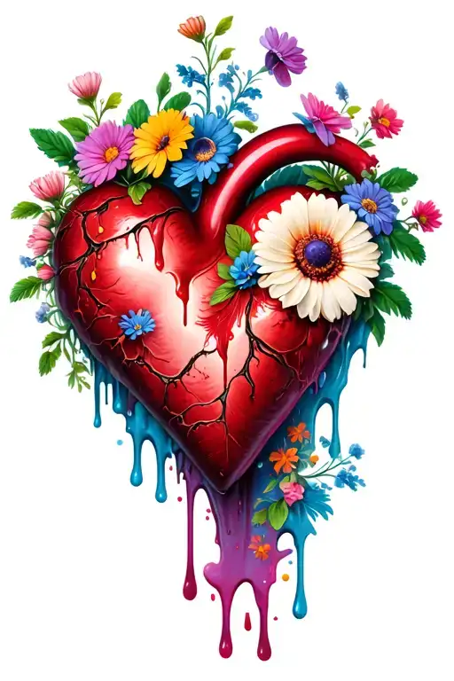Half Decaying Melting Heart With Flowers On Other Half