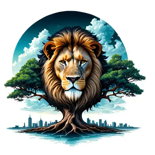 African Tree Of Life Tattoo Design Featuring A A Skyline And Lion Head In The Background