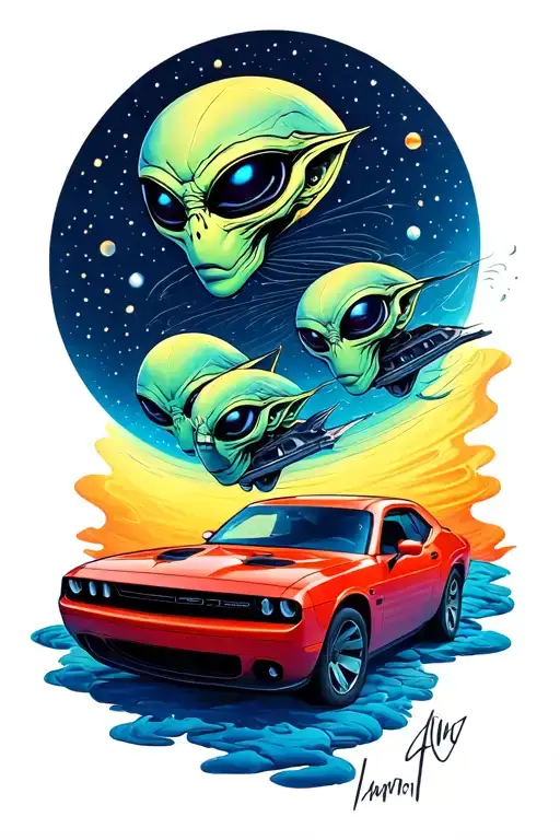 Three Aliens Glide Over The Moon In A Dodge Challenger Car