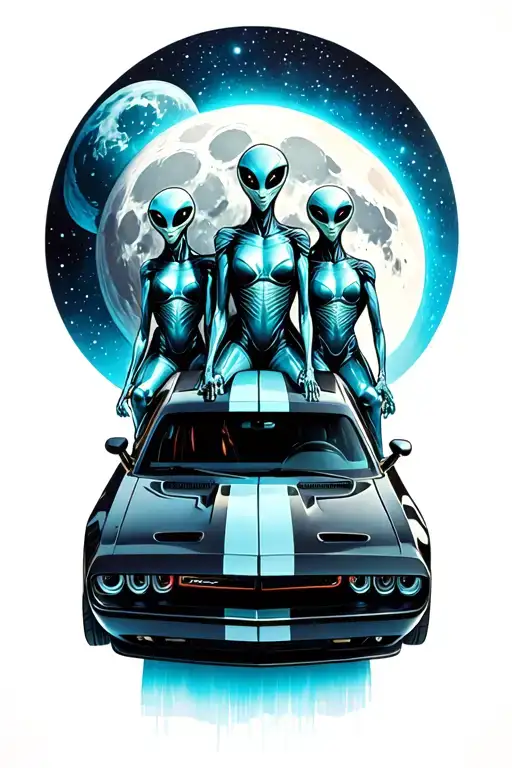 Three Aliens Riding Inside A Black Dodge Challenger Car Glide Over The Moon