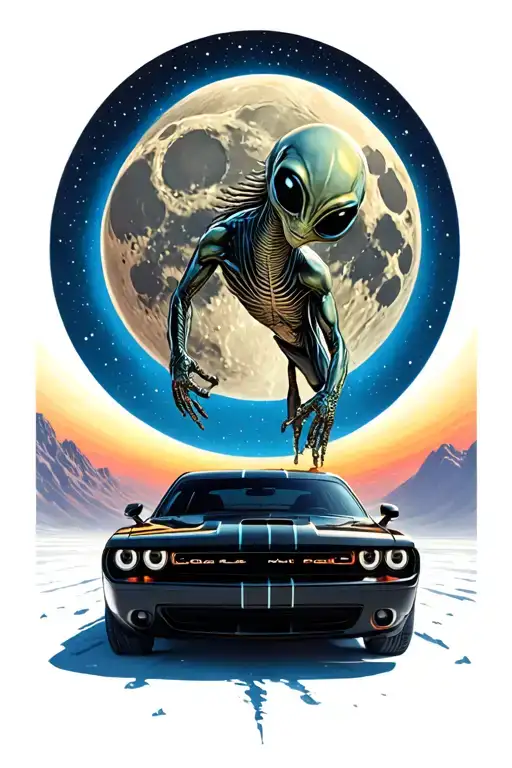An Alien Drives A Black Dodge Challenger Car Over The Moon