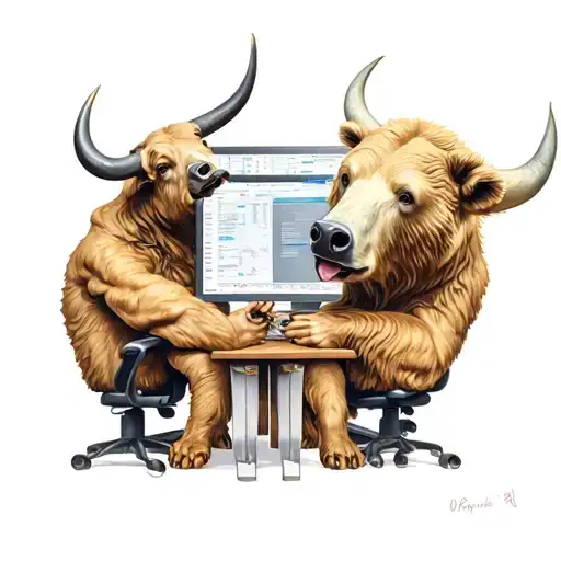Bull And Bear Looking At The Stock Market At The Computer