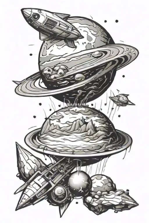 Planet Tattoo With Tiny Rocket