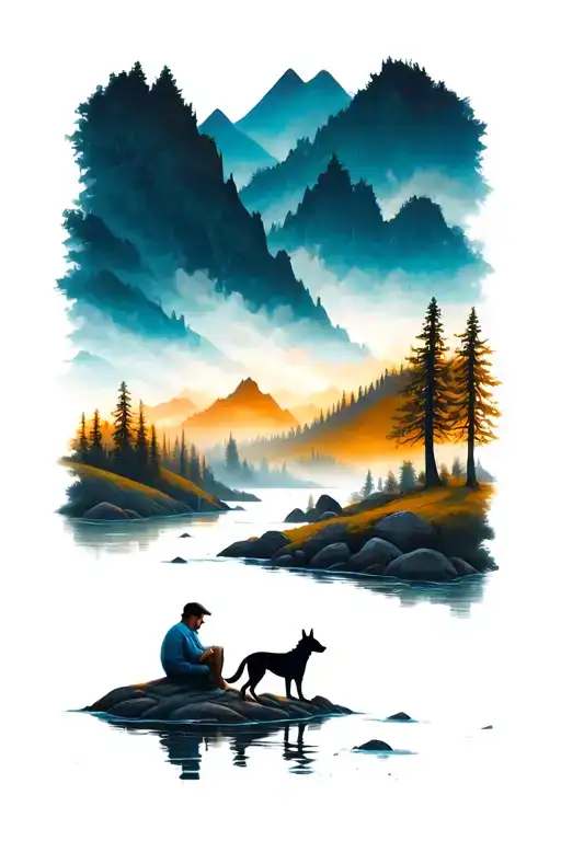 Mountains River Trees With Man And Dog Sitting