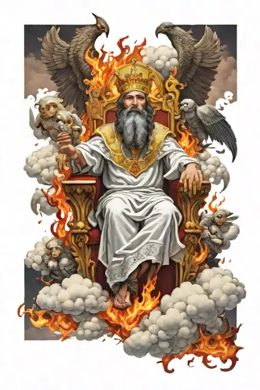 King Of Kings Sitting On Throne Of Cloud And Fire Surrounded By Worshiping Angels In Realism