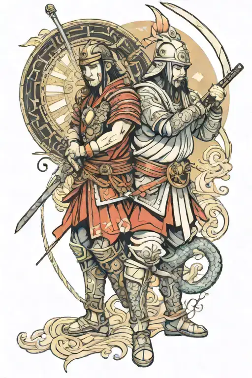 Zodiac Signs Gemini And Sagittarius Represented As Samurai And Standing Together